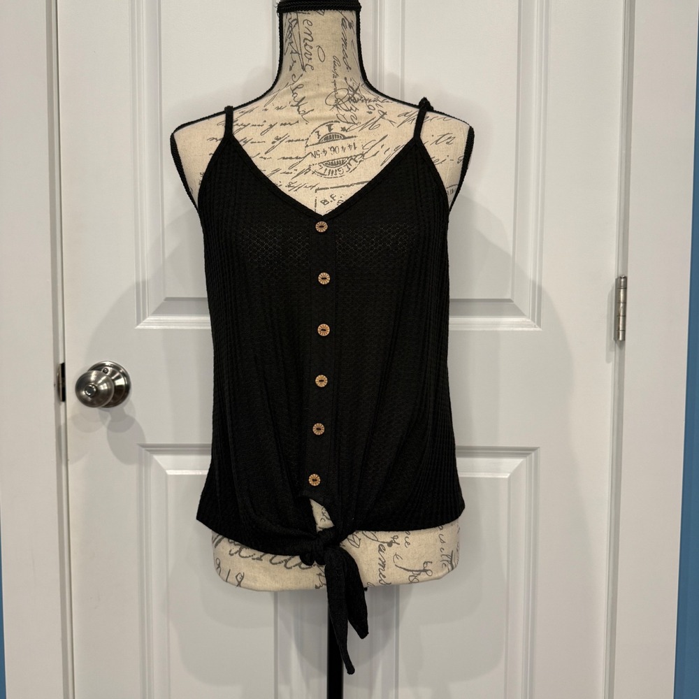 Shein Womens Black Waffle Knit Button Front Tie Hem Cami Tank Top Size XS